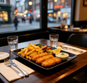 Street-facing area: Crispy fish bites with tartar sauce set