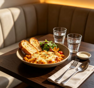 Sofa seating: Macaroni and cheese with toasted bread set
