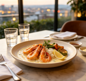 High-top table by the window: Creamy mushroom pasta with roasted vegetables set