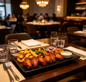 Group seating area: Honey-glazed chicken wings with potato wedges sharing set